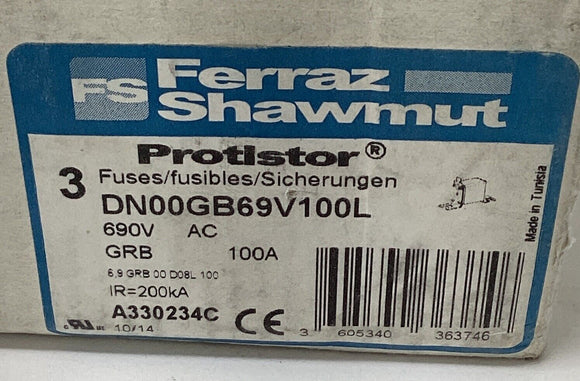 Ferraz Shawmut DN00GB69V100L 100A Protistor Fuses 690V Class gR,  3-Pack