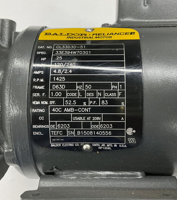 Baldor CL3303D-51 .25 HP 120/240V  Industrial Motor 1425 RPM Frame D63D