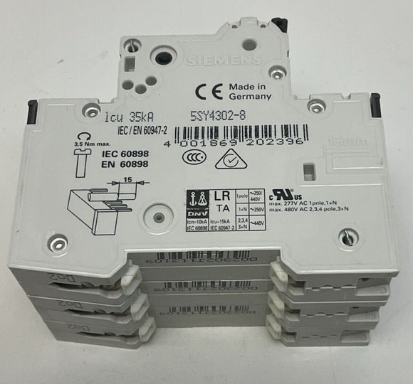 Siemens 5SY4302-8 Circuit Breaker MCB 3-Pole, 2-Amp, 480VAC
