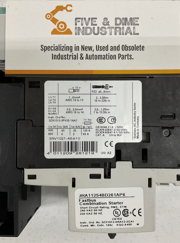 Siemens 3RA11254BD261AP6 Combination Motor Starter 3RV1021-4BA10 14 20A