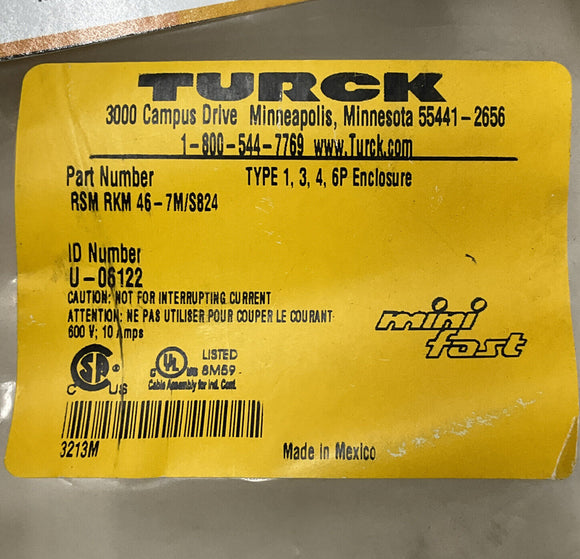 Turck RSM RKM 46-7M/S824 Mini Fast Cable 7 Meters 4-Pin U-06122