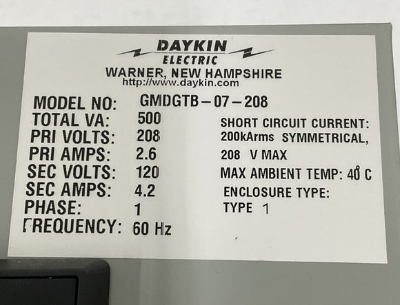 Daykin Electric GMDGTB-07-208 Mini Transformer Disconnect 208V 1-Phase