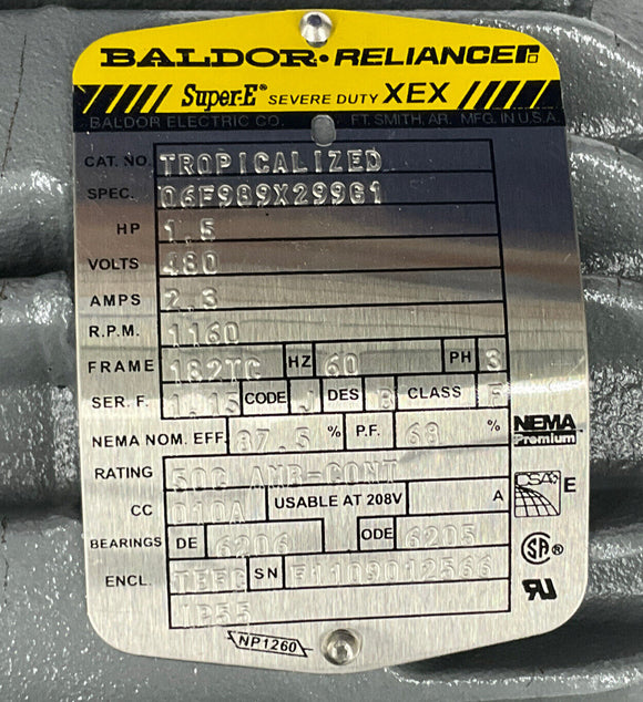 Baldor 06F989X299G1 1.5 HP Industrial Motor, 1160 RPM Frame 182TC, 480V