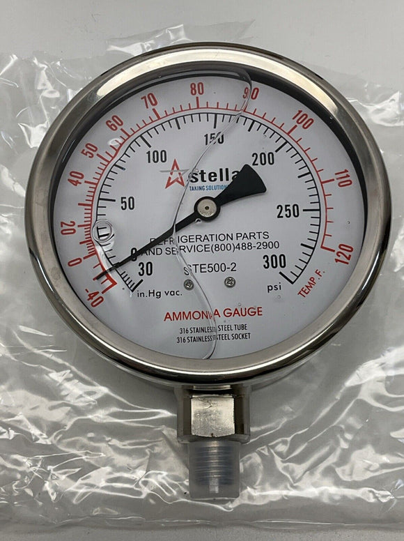 Stellar STE500-2 4" Ammonia Gauge -30inHg-300 PSI 316 SS Tube & Socket, 1/4" NPT