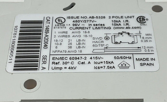Allen Bradley  1489-A2D040  4 Amp, 2 Pole Circuit Breaker 48 VDC,  480Y/277 VAC