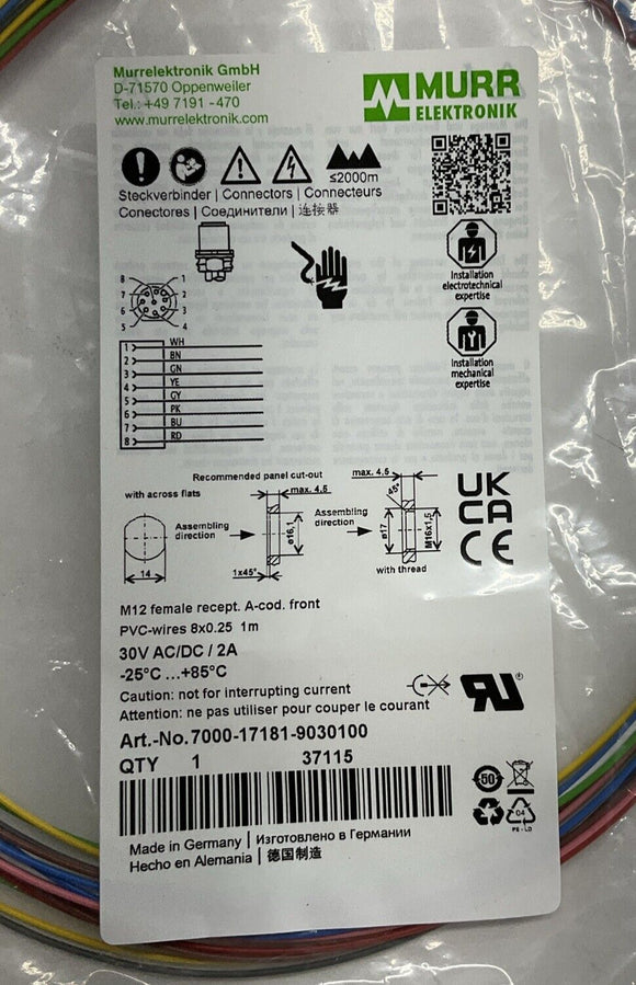 Murr 7000-17181-9030100 M12 8-Pole Female Receptacle Front Mount 1-Meter