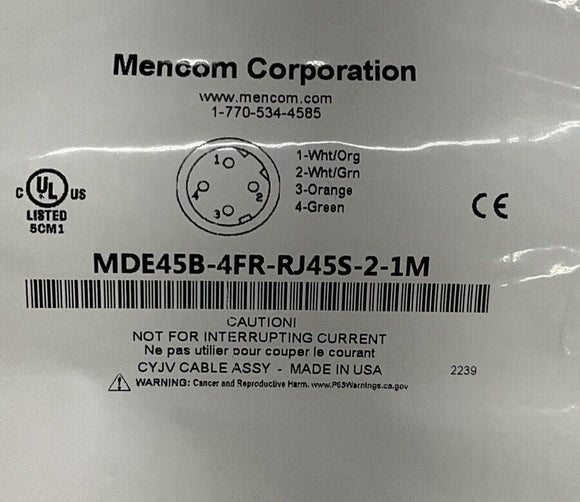 Mencom MDE45B-4FR-RJ45S-2-1M M12 Female Receptacle to Male RJ45 Male 4P