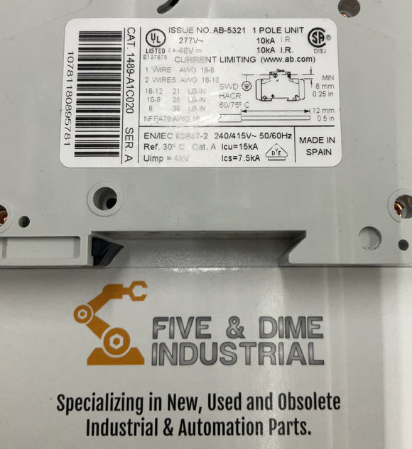 Allen Bradley 1489-A1C020 Ser. A Din Mount Circuit Breaker 2 Amp 277V