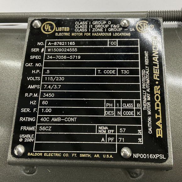 Baldor A-87621165 / 34-7056-5719 AC Motor 1/2 HP, RPM 3450, 115/230V