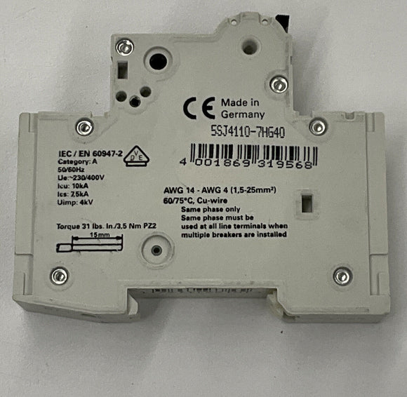 Siemens New 5SJ4110-7HG40 10 Amp Type HSJ Circuit Breaker Din Mount