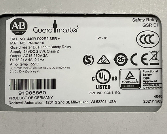 Allen Bradley 440R-D22R2 Ser A GuardMaster Dual Input Safety Relay
