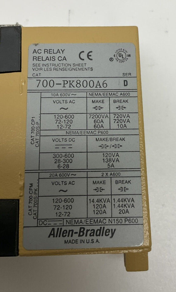 Allen Bradley 700PK800A6 Ser. D 600 VAC Contactor Relay