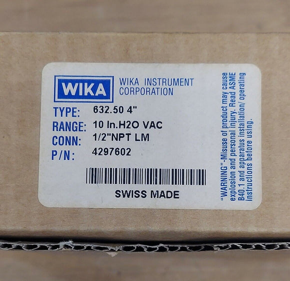 Wika 4" SS Vacuum Gauge 4297602 10 In H2O 1/2" Npt Swiss Made