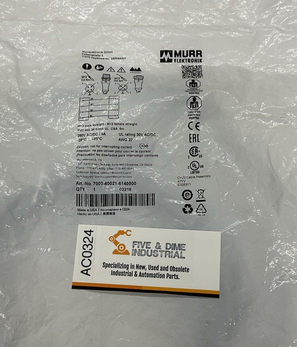 Murr Elektronik 7000-40021-6140500 M12 4-Pole Male/Female Cable 5-Meters