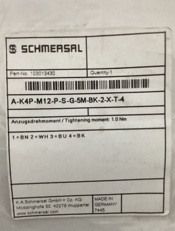 Schmersal 103013430 5M 4-Pole Cable A-K4P-M12-P-S-G-5M-BK-2-X-T-4