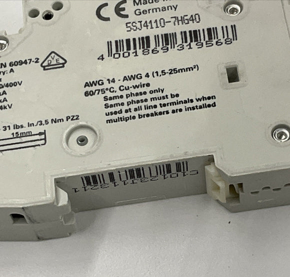 Siemens New 5SJ4110-7HG40 10 Amp Type HSJ Circuit Breaker Din Mount