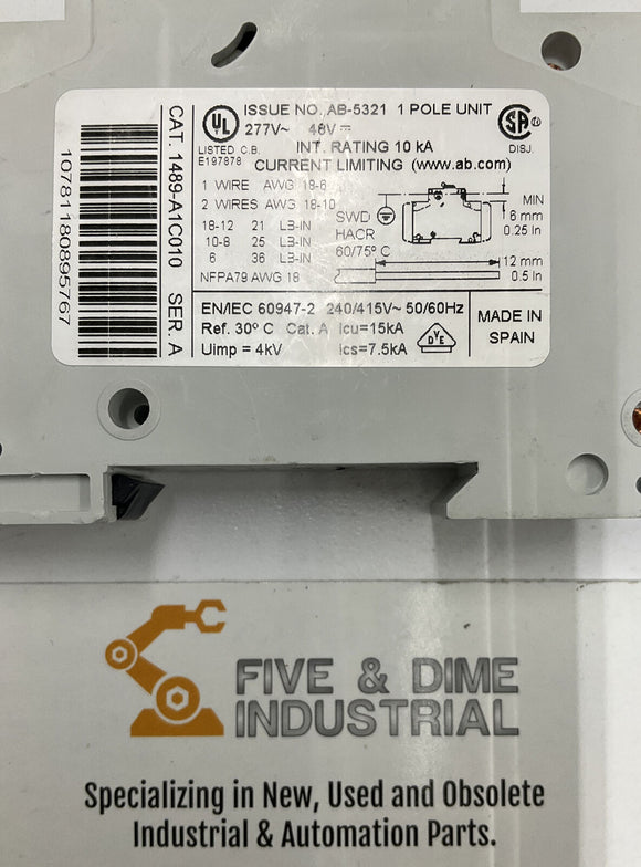 Allen Bradley 1489-A1C010 Ser. A Din Mount Circuit Breaker 1 Amp