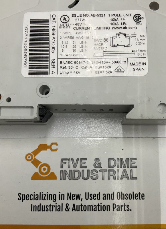 Allen Bradley 1489-A1C005 Ser. A Din Mount Circuit Breaker 0.5 Amp