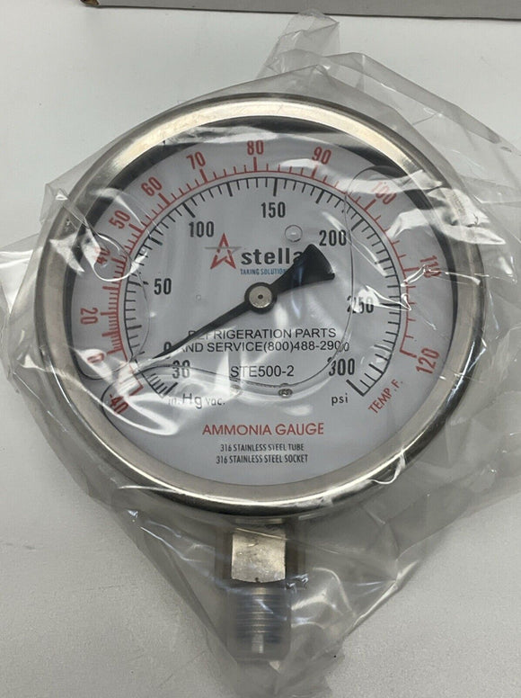 Stellar STE500-2 4" Ammonia Gauge -30inHg-300 PSI 316 SS Tube & Socket, 1/4" NPT