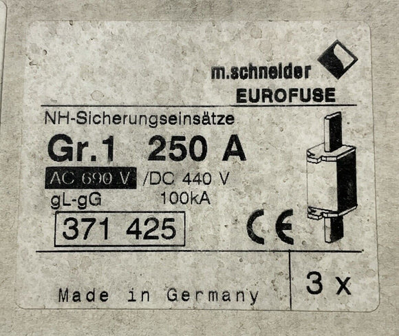 M.Schneider 371425 Eurofuse Gr.1 250A 690 Vac 440 VDC GL-GG Box of 3