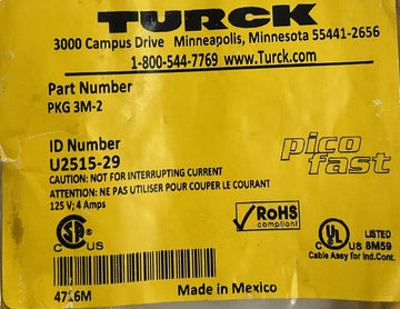 Turck PKG3M-2 Single End Cable M8 Female 2-Meters U2515-29 - 0