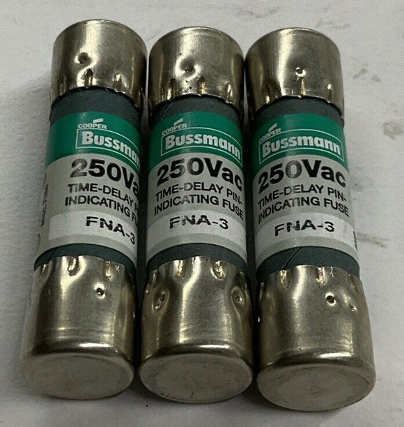 Bussman FNA-3 Lot of 3 Time Delay Pin Indicating Fuses 3A