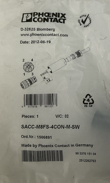 Phoenix Contact 1506891 Female Connector SACC-M8FS-4CON-M-SW - 0