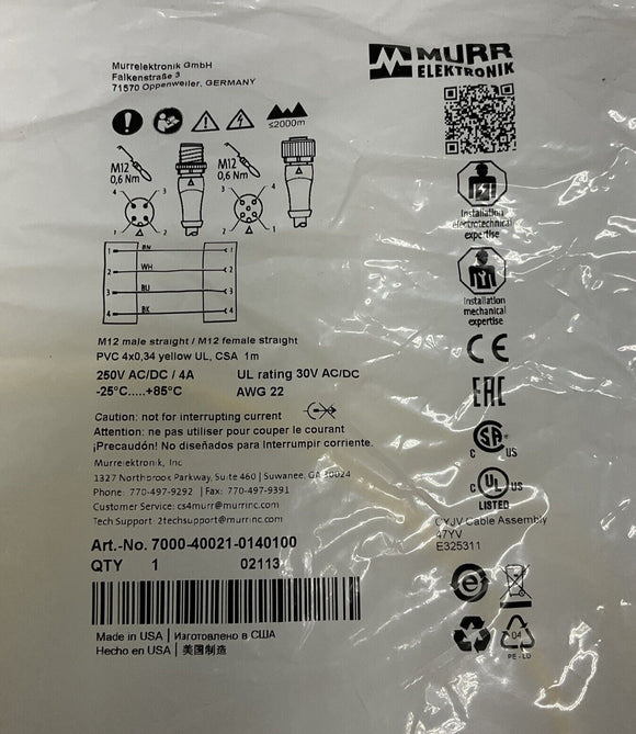 Murr 7000-40021-0140100 M12, 5-Pole, Male Female Cable 1-Meter