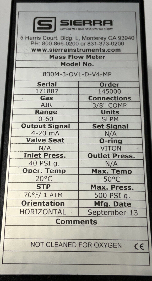Sierra 830M-3-0V1-D-V4-MP Mass Flow Meter Assembly