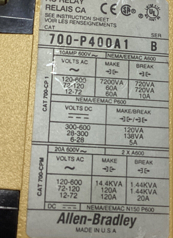 Allen Bradley 700-P400A1 Ser. B Contactor with 700-N24