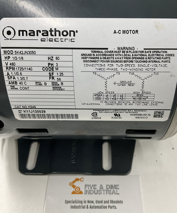 Marathon 56 FR 1/2-1/6 HP Industrial Motor 1725/1140 RPM 460VAC