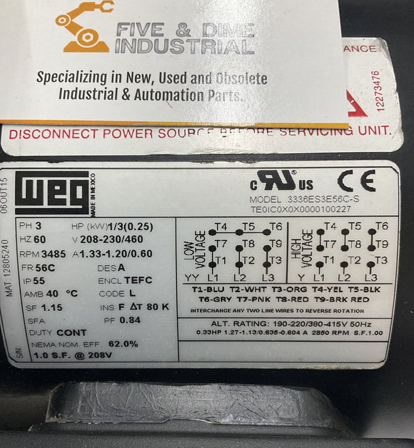 Weg 3336ES3E56C-S General Purpose Motor 3-PH, 1/3HP, 3485 RPM, FR: 56C