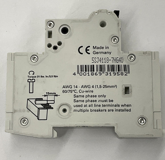 Siemens 5SJ4118-7HG40 HSJ Circuit Breaker 15 Amp Din Mount