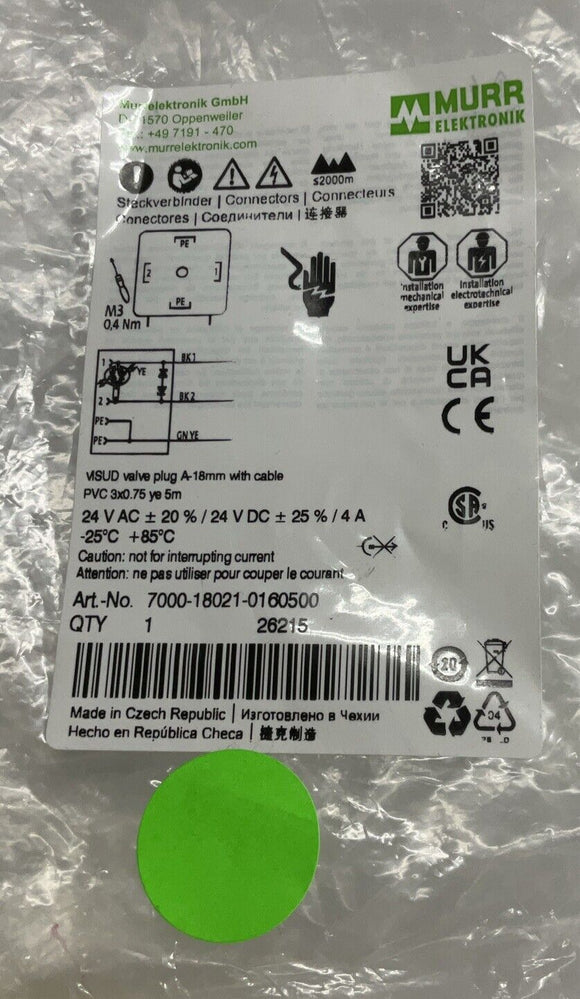 Murr 7000-18021-0160500 MSUD Valve Plug A-18mm w/ 5-Meter Cable