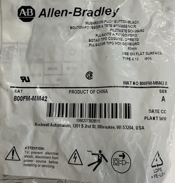 Allen Bradley 800FM-MM42 Black Mushroom Momentary Push Button 40mm