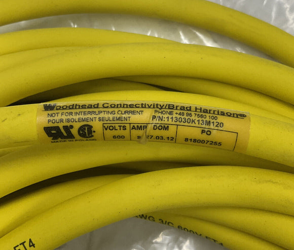 Woodhead Molex 1300100494 / 113030K13M120 3-Pole M/F 12 Meter Cable
