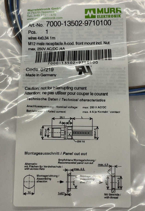 Murr Elektronik 7000-13502-9710100 M12 4-Wire Receptacle 1M Front Mount