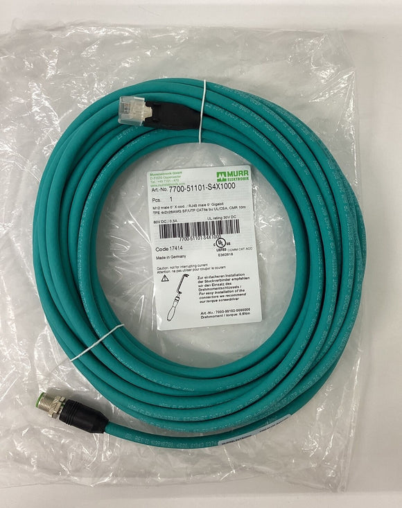Murr 7700-51101-S4X1000 Male M12 x RJ45 Male Gigabit Cable 10M