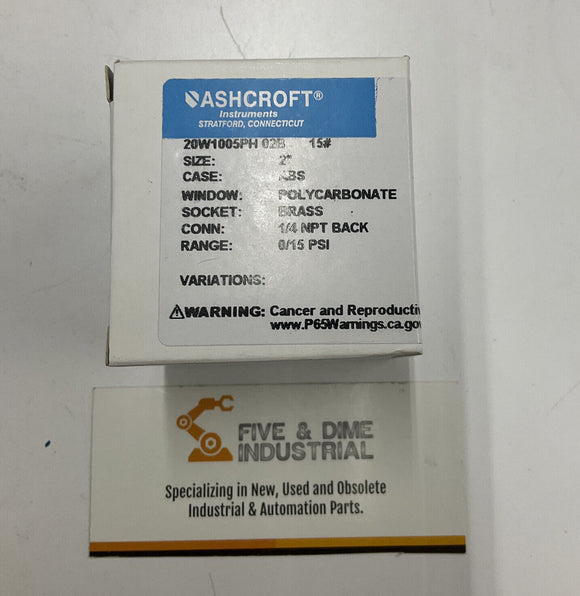 Ashcroft 20W1005PH 02B 15# Brass Gauge 1/4" NPT Back 0/15 PSI