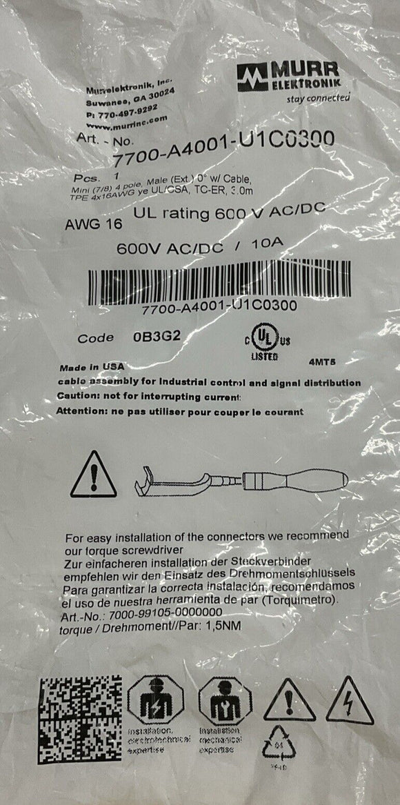 Murr 7700-A4001-U1C0300 7/8 Mini Male Single-End 4-Pole 3-Meter Cable
