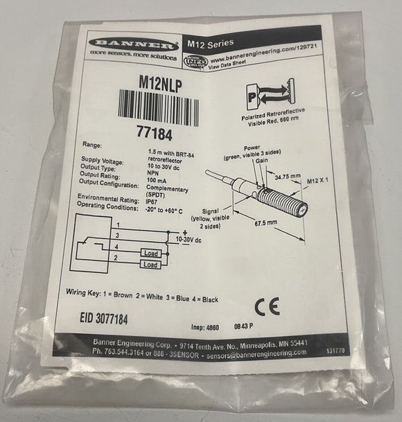 Banner Engineering M12NLP Polarized Retroreflective Sensor 77184