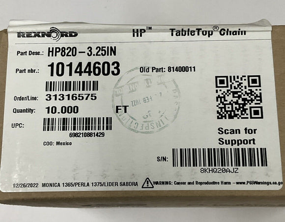 Rexnord 81400011  Brown Straight Running TableTop Chain HP820-3.25IN