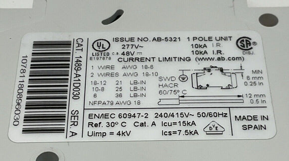 Allen Bradley 1489-A1D030 Ser.A 3 Amp Circuit Breaker