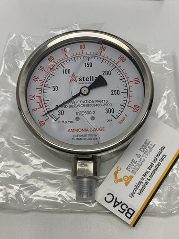 Stellar STE500-2 4" Ammonia Gauge -30inHg-300 PSI 316 SS Tube & Socket, 1/4" NPT