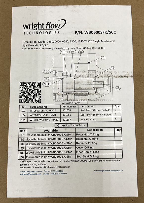 Viking /  Wright WB0600SFK/SCC Flow Circumferential Pumps Seal Face Kit