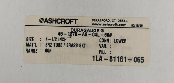 Ashcroft 45-1379-AS-04L-60 Pressure Gauge 60 Psi 4-1/2"