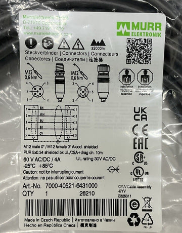 Murr 7000-40521-6431000 M12, Male/Female Shielded Cable 10M - 0