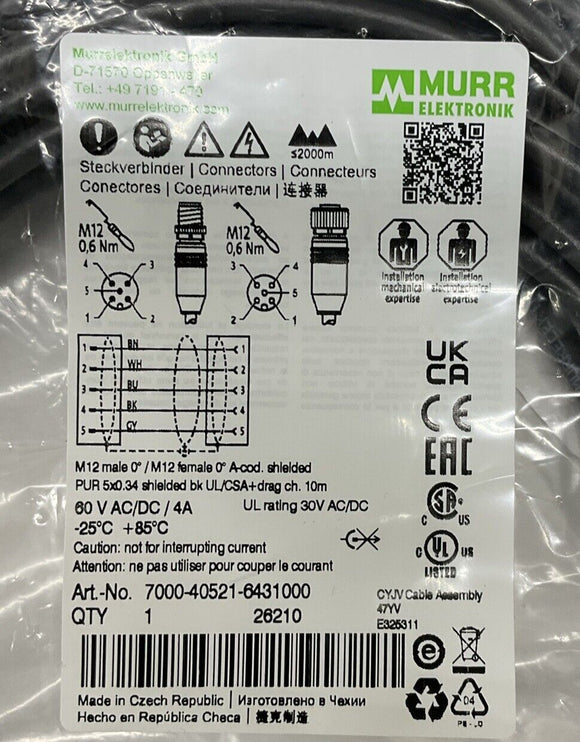 Murr 7000-40521-6431000 M12, Male/Female Shielded Cable 10M