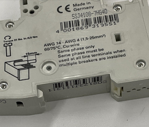 Siemens 5SJ4108-7HG40 HSJ Circuit Breaker 8 Amp Din Mount