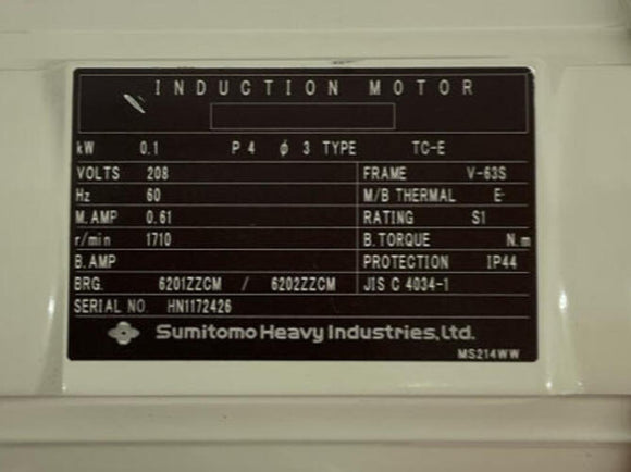 Sumitomo  CNHM01-5077-25  Induction Motor  0.1kW,  208VAC  V-635 Frame